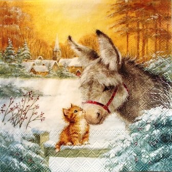 L'âne et le chaton dans la neige