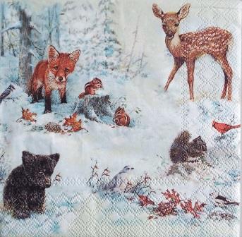 Ourson, renard, faon, écureuil dans la neige