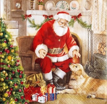 Le Père Noël et le chien au pied du sapin
