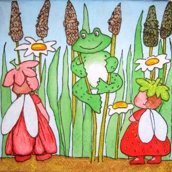 Grenouille et petites filles aux fleurs