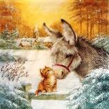 L'âne et le chaton dans la neige