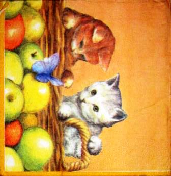 Chatons avec pommes et papillon