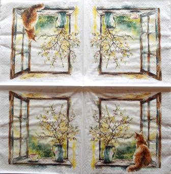 Chat et pot de fleurs &agrave; la fen&ecirc;tre