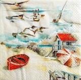 Plage, cabane, barques et mouettes