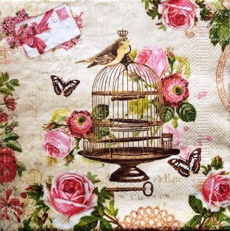 Oiseau sur la cage, fleurs et papillons
