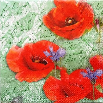 Coquelicots et bleuets, fond vert